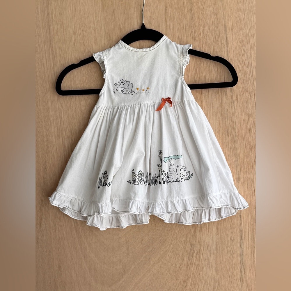 Cottagecore White Dress 18-24m Ruffles Whimsical Safari Animals Shongololo